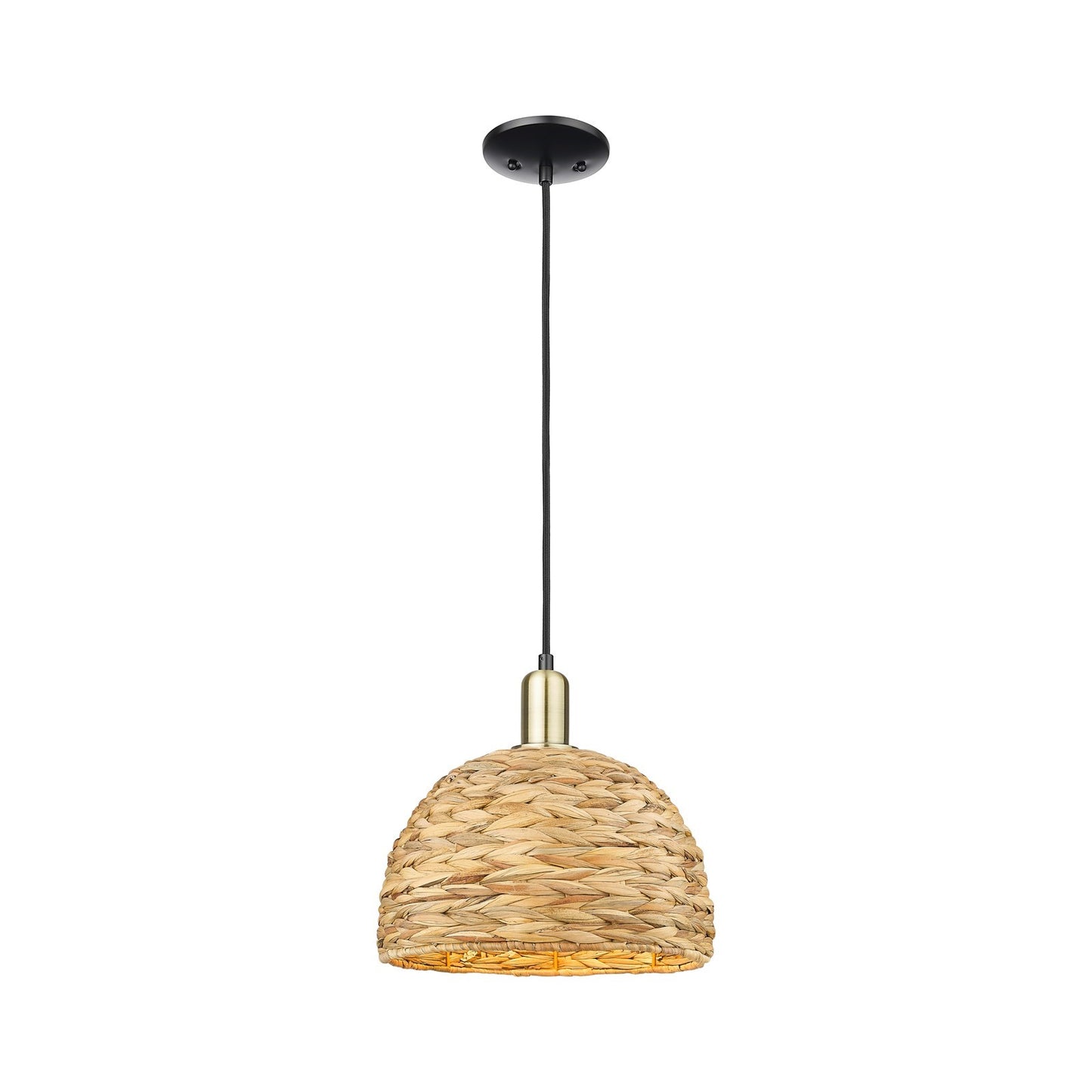 Innovations Woven Rattan 12in 1-Light Mini Pendant | Industrial Black Antique Brass and Natural Fiber | Kitchen Island & | Model 716-1P-BAB-RBD-12-NAT