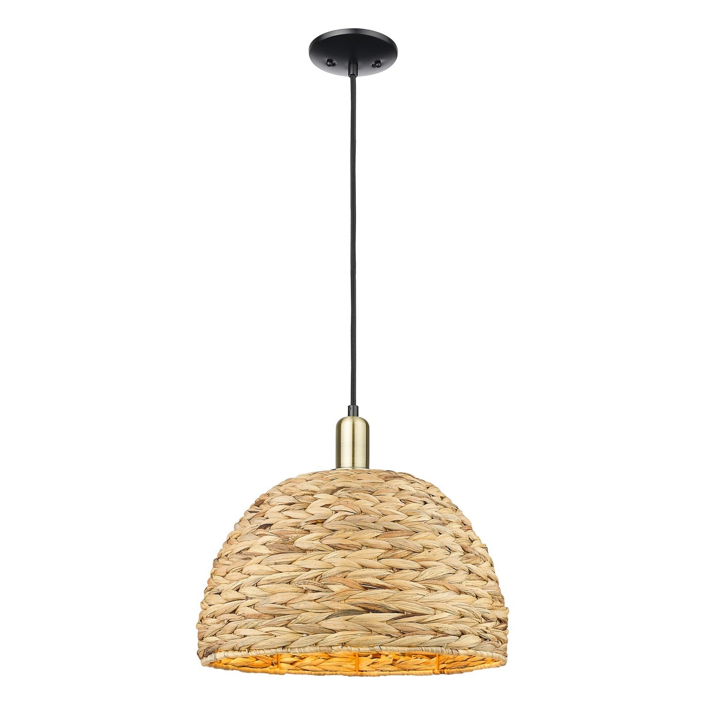 Innovations Woven Rattan 16in 1-Light Mini Pendant | Industrial Black Antique Brass and Natural Rattan | Kitchen Island & | Model 716-1P-BAB-RBD-16-NAT