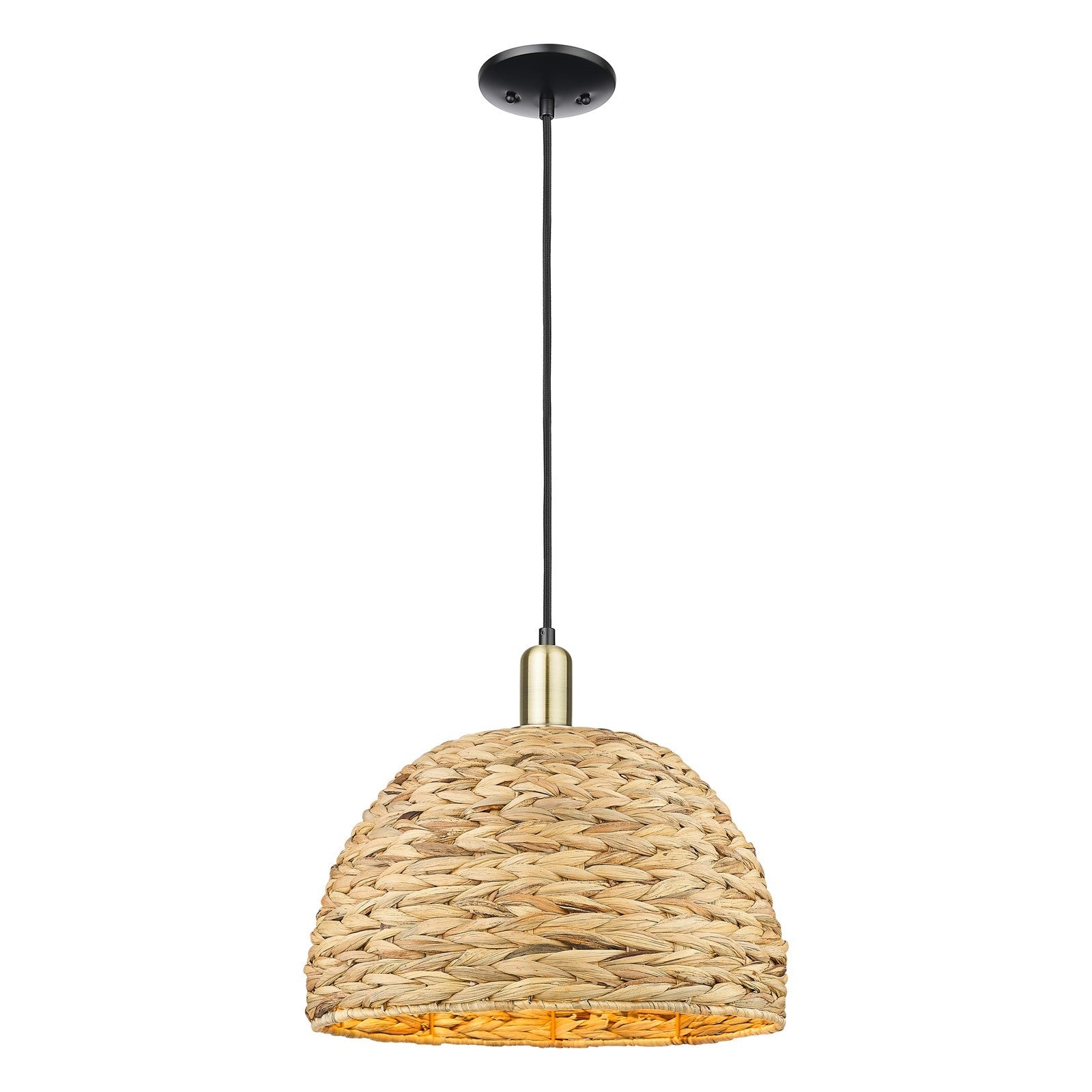 Innovations Woven Rattan 16in 1-Light Mini Pendant | Industrial Black Antique Brass and Natural Rattan | Kitchen Island & | Model 716-1P-BAB-RBD-16-NAT
