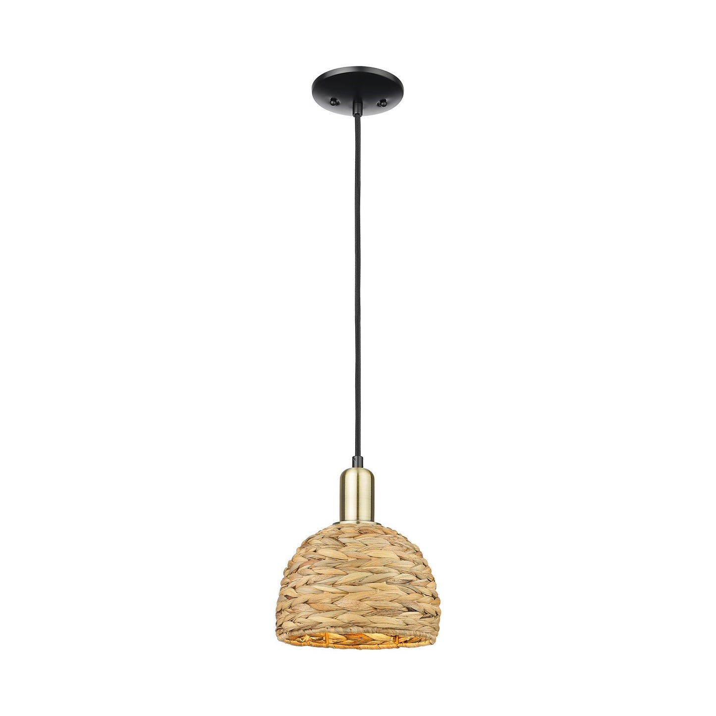 Innovations Woven Rattan 8in 1-Light Mini Pendant | Rustic Black Antique Brass and Natural Woven Rattan | Kitchen Island & | Model 716-1P-BAB-RBD-8-NAT