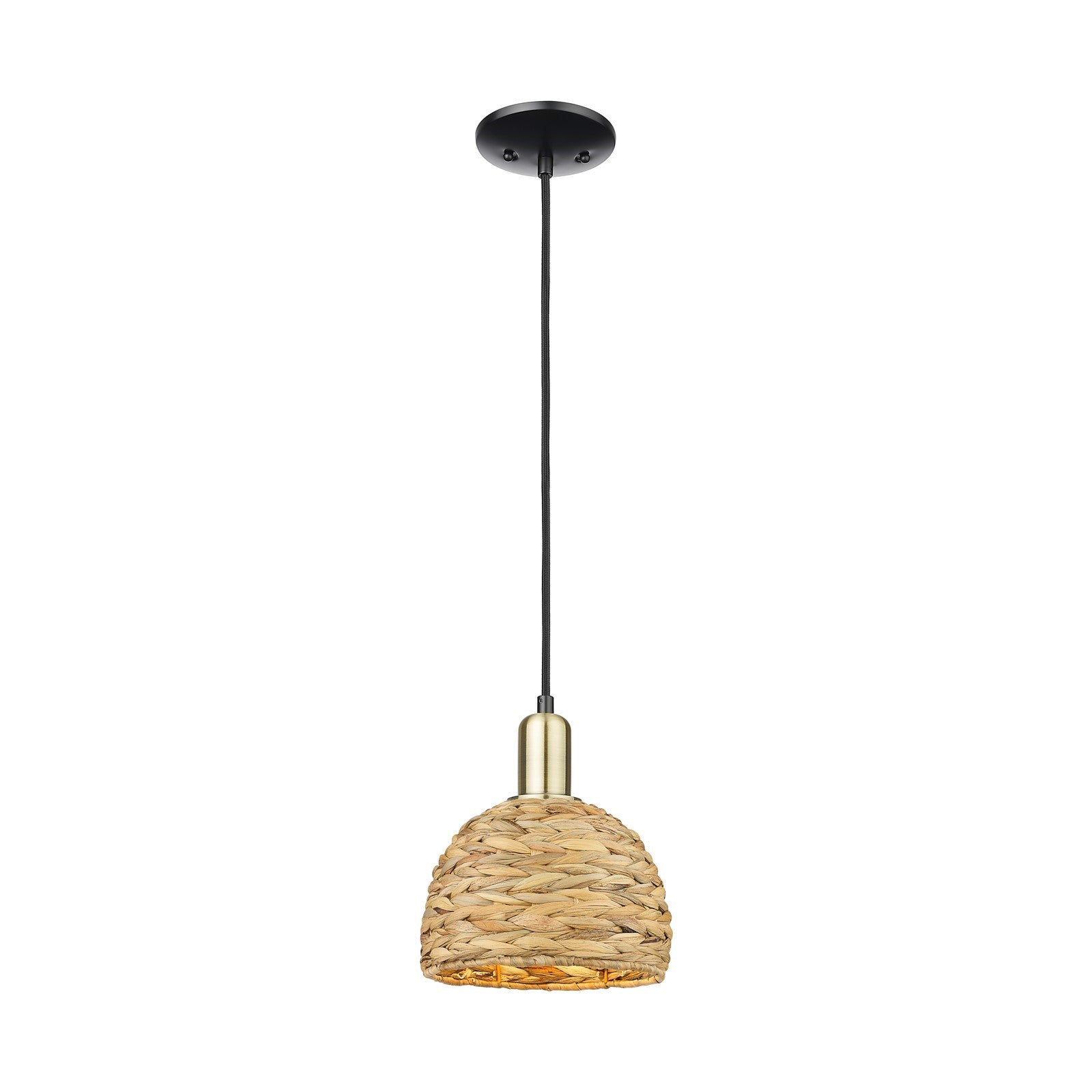 Innovations Woven Rattan 8in 1-Light Mini Pendant | Rustic Black Antique Brass and Natural Woven Rattan | Kitchen Island & | Model 716-1P-BAB-RBD-8-NAT
