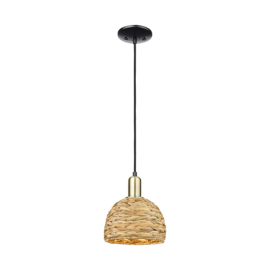 Innovations Woven Rattan 8in 1-Light Mini Pendant | Rustic Black Antique Brass and Natural Woven Rattan | Kitchen Island & | Model 716-1P-BAB-RBD-8-NAT