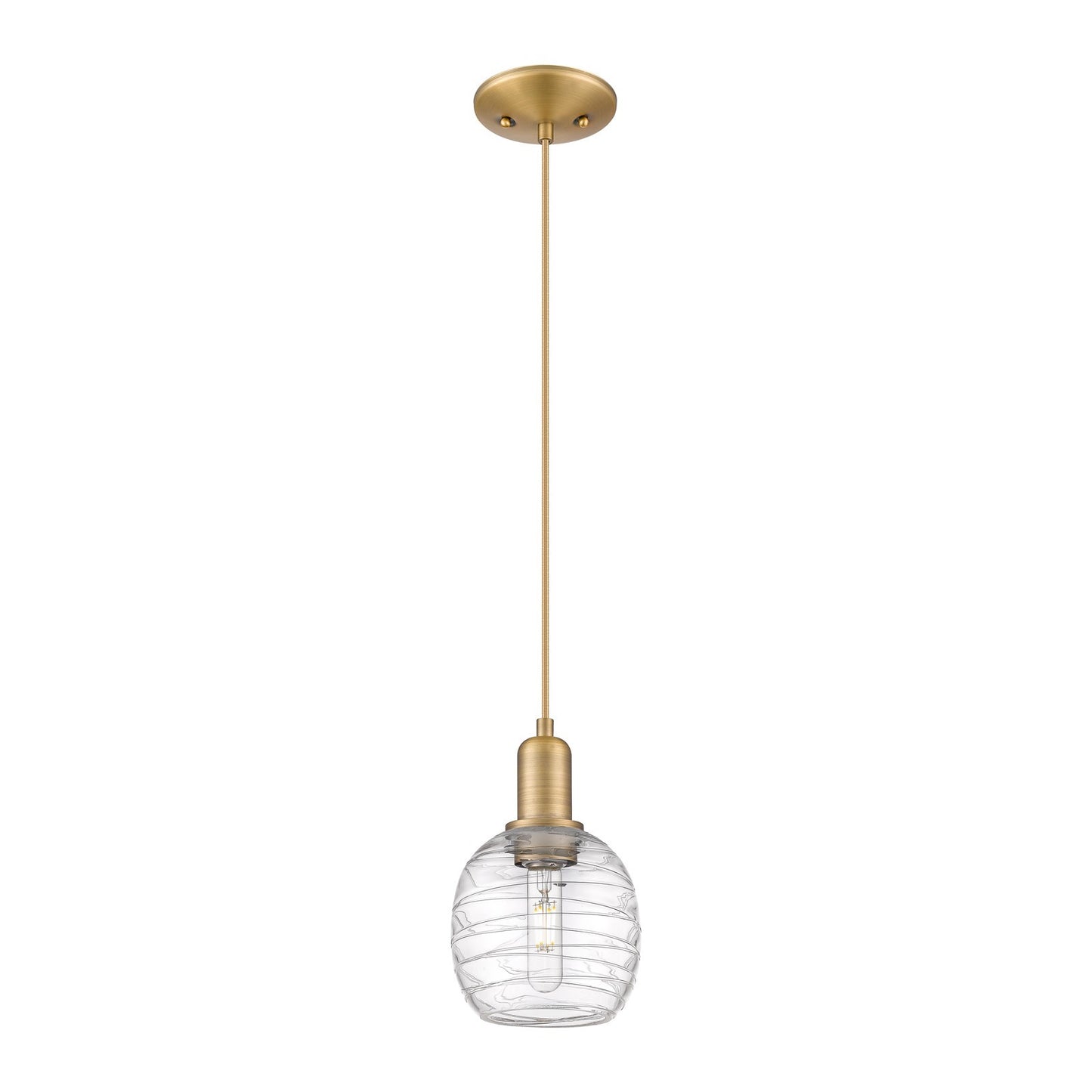 Innovations Belfast 6in 1-Light Mini Pendant | Industrial Brushed Brass Steel and Clear Deco Swirl Glass | Kitchen Island & Dining | Model 716-1P-BB-G1013
