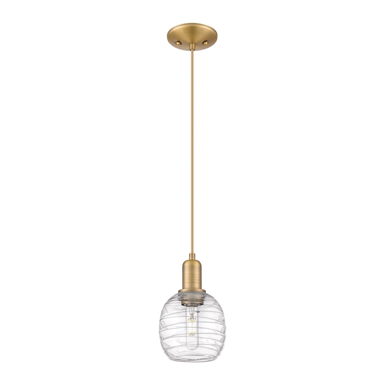 Innovations Belfast 6in 1-Light Mini Pendant | Industrial Brushed Brass Steel and Clear Deco Swirl Glass | Kitchen Island & Dining | Model 716-1P-BB-G1013