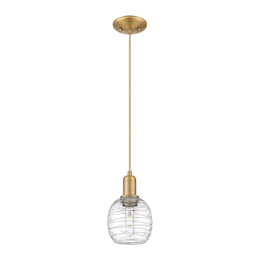 Innovations Belfast 6in 1-Light Mini Pendant | Industrial Brushed Brass Steel and Clear Deco Swirl Glass | Kitchen Island & Dining | Model 716-1P-BB-G1013