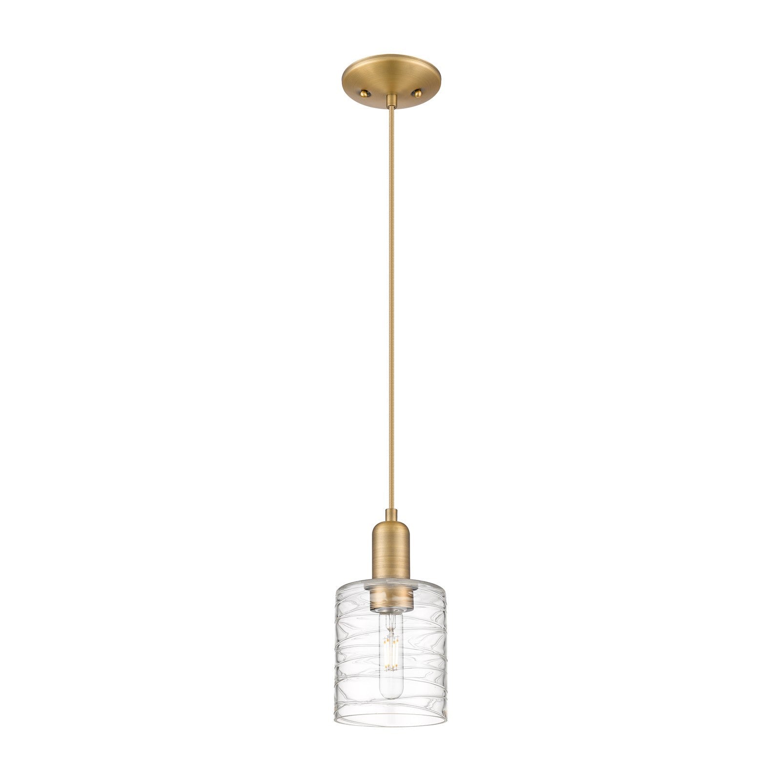 Innovations Cobbleskill 5in 1-Light Mini Pendant | Industrial Brushed Brass Steel and Deco Swirl Glass | Kitchen Island & Dining | Model 716-1P-BB-G1113