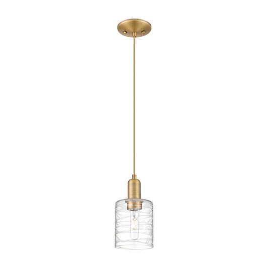 Innovations Cobbleskill 5in 1-Light Mini Pendant | Industrial Brushed Brass Steel and Deco Swirl Glass | Kitchen Island & Dining | Model 716-1P-BB-G1113