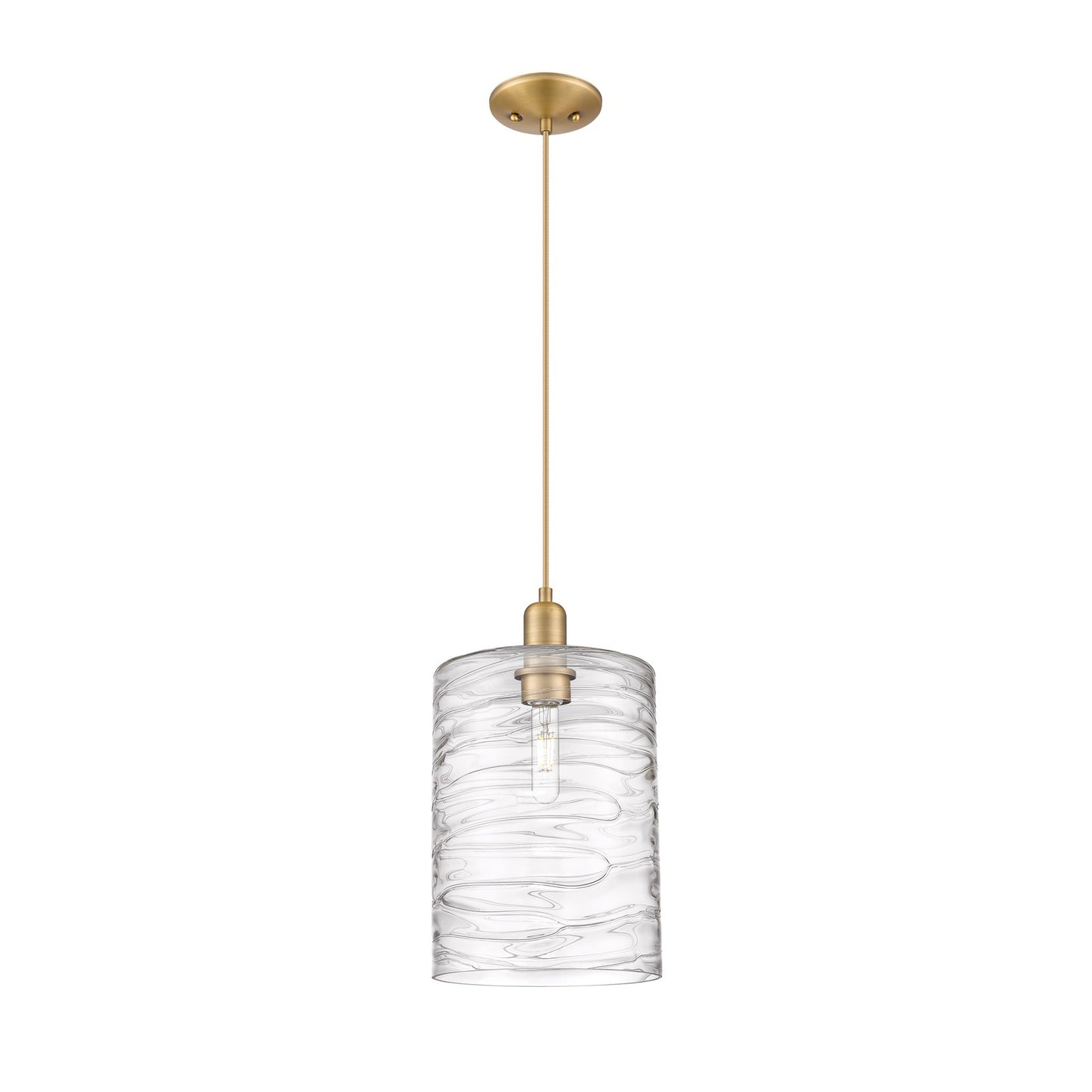 Innovations Cobbleskill 9in 1-Light Mini Pendant | Industrial Brushed Brass Steel and Deco Swirl Clear Glass | Kitchen Island & | Model 716-1P-BB-G1113-L
