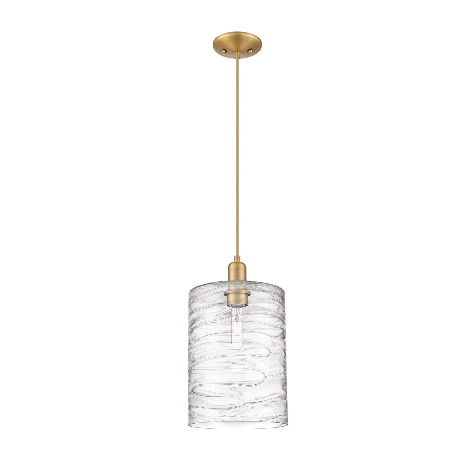 Innovations Cobbleskill 9in 1-Light Mini Pendant | Industrial Brushed Brass Steel and Deco Swirl Clear Glass | Kitchen Island & | Model 716-1P-BB-G1113-L