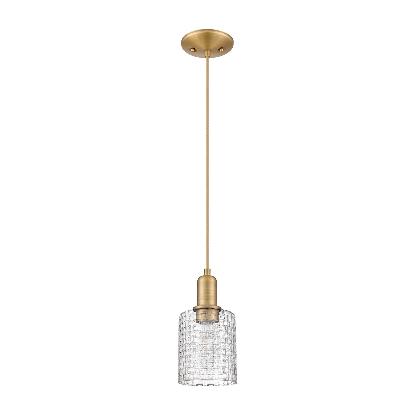 Innovations Cobbleskill 5in 1-Light Mini Pendant | Industrial Brushed Brass Steel and Clear Basket Weave Glass | Kitchen | Model 716-1P-BB-G112C-5CL