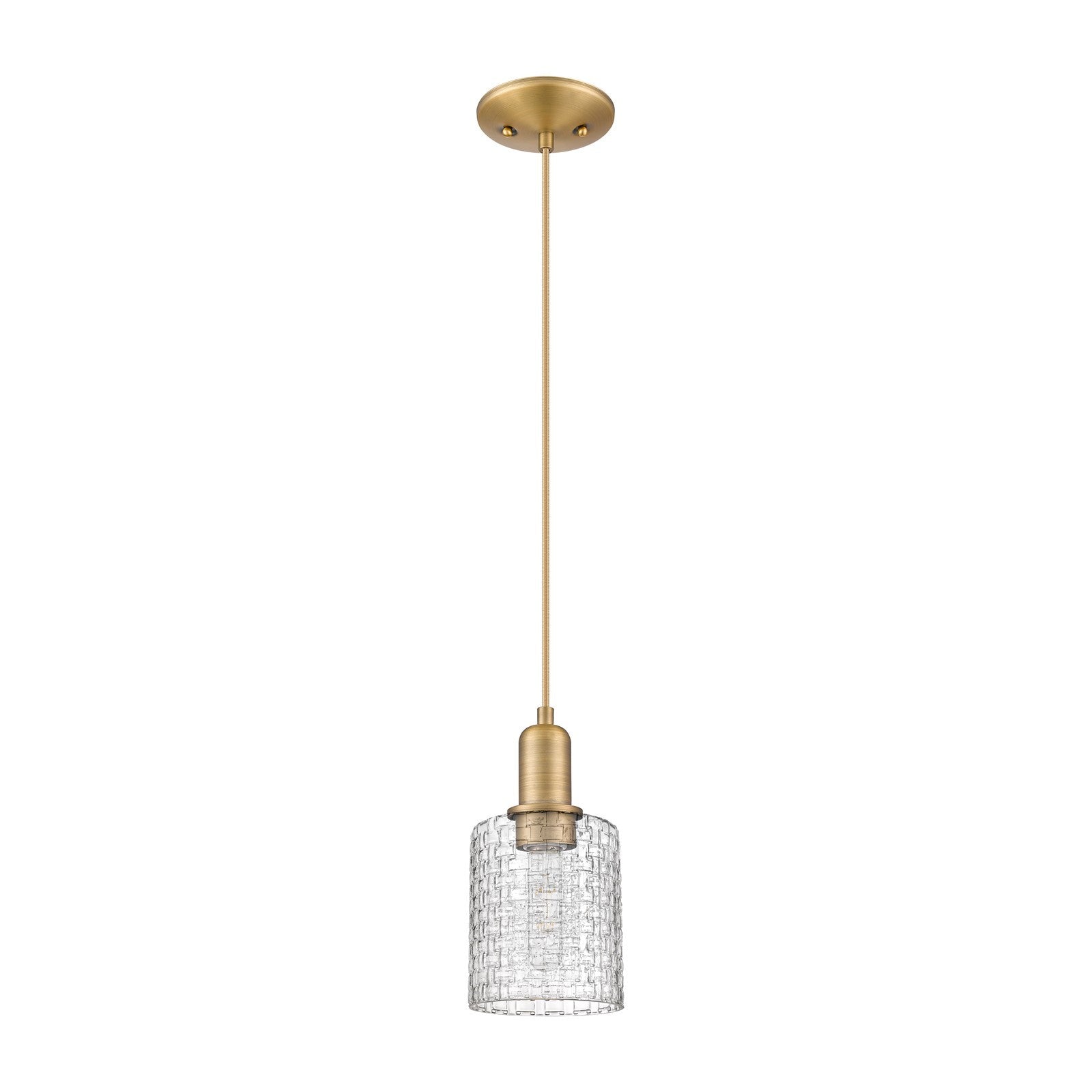 Innovations Cobbleskill 5in 1-Light Mini Pendant | Industrial Brushed Brass Steel and Clear Basket Weave Glass | Kitchen | Model 716-1P-BB-G112C-5CL