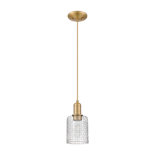 Innovations Cobbleskill 5in 1-Light Mini Pendant | Industrial Brushed Brass Steel and Clear Basket Weave Glass | Kitchen | Model 716-1P-BB-G112C-5CL