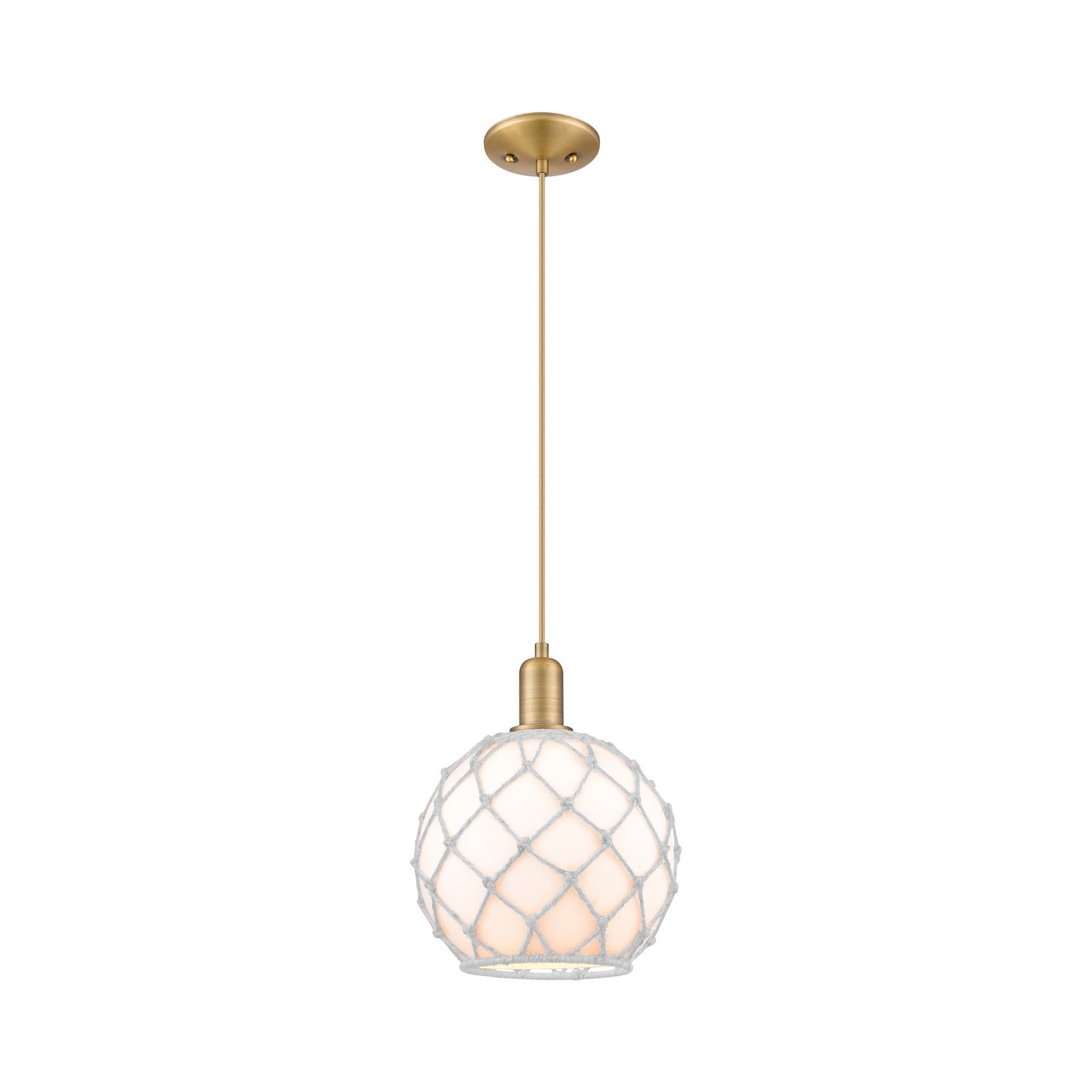 Innovations Farmhouse Rope 10in 1-Light Mini Pendant | Industrial Brushed Brass Steel and White Glass with White Rope | Model 716-1P-BB-G121-10RW