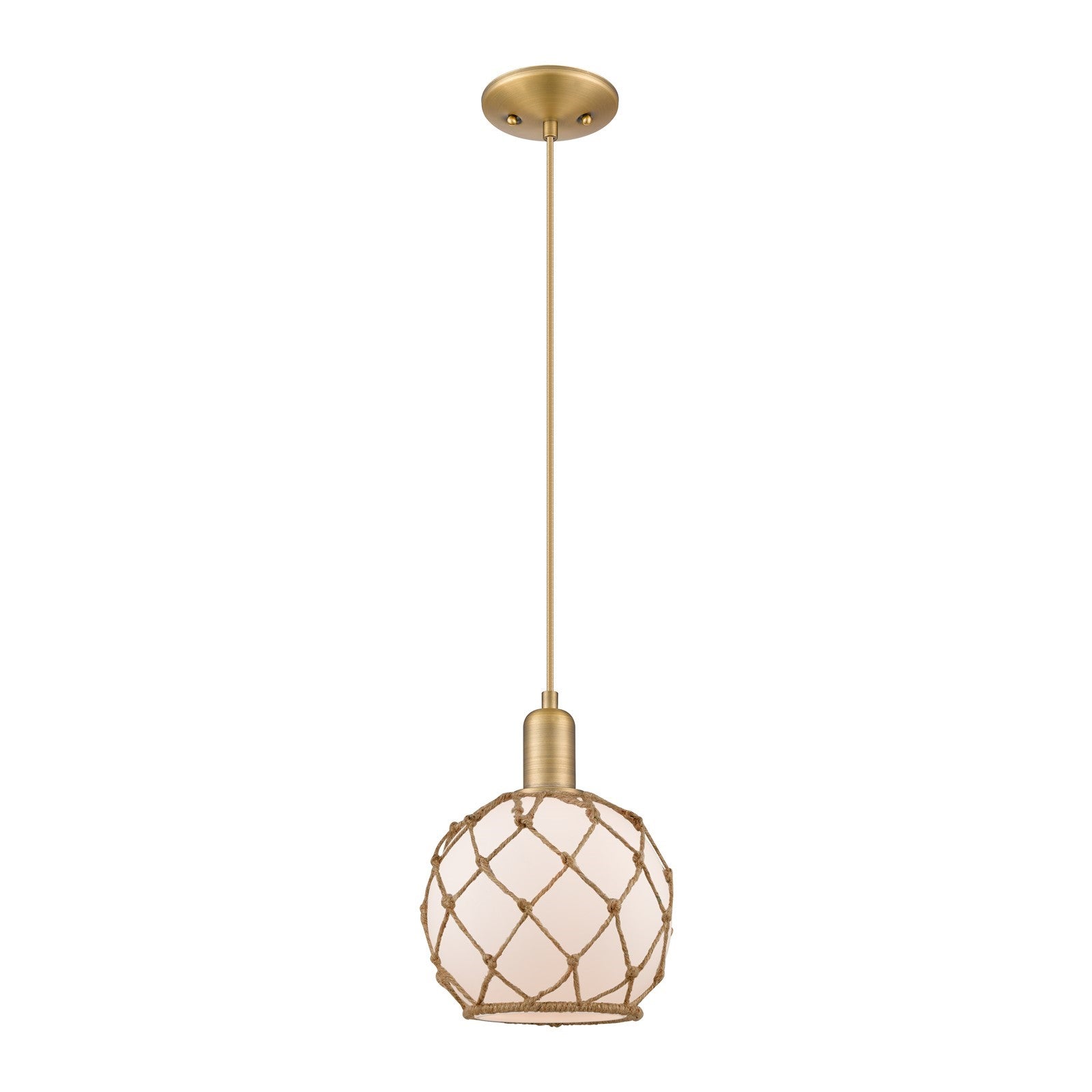 Innovations Farmhouse Rope 8in 1-Light Mini Pendant | Industrial Brushed Brass and White Glass with Brown Rope | Kitchen Island | Model 716-1P-BB-G121-8RB
