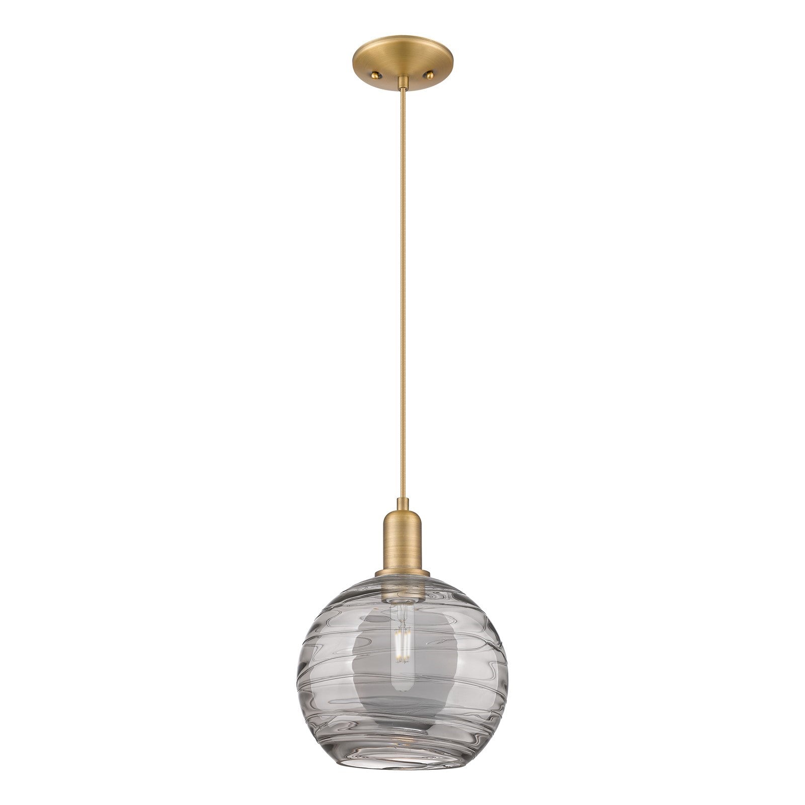 Innovations Athens Deco Swirl 10in 1-Light Mini Pendant | Industrial Brushed Brass and Light Smoke Glass | Kitchen Island & | Model 716-1P-BB-G1213-10SM