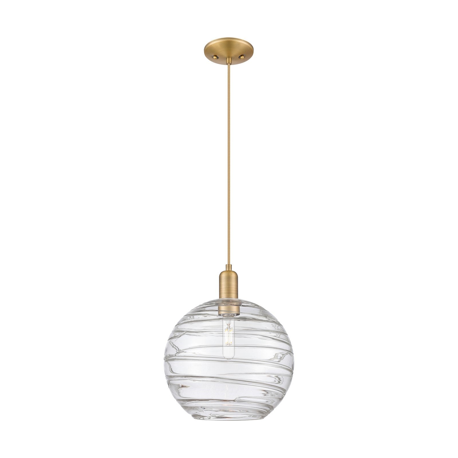 Innovations Athens Deco Swirl 12in 1-Light Mini Pendant | Industrial Brushed Brass and Clear Deco Swirl Glass | Kitchen | Model 716-1P-BB-G1213-12CL