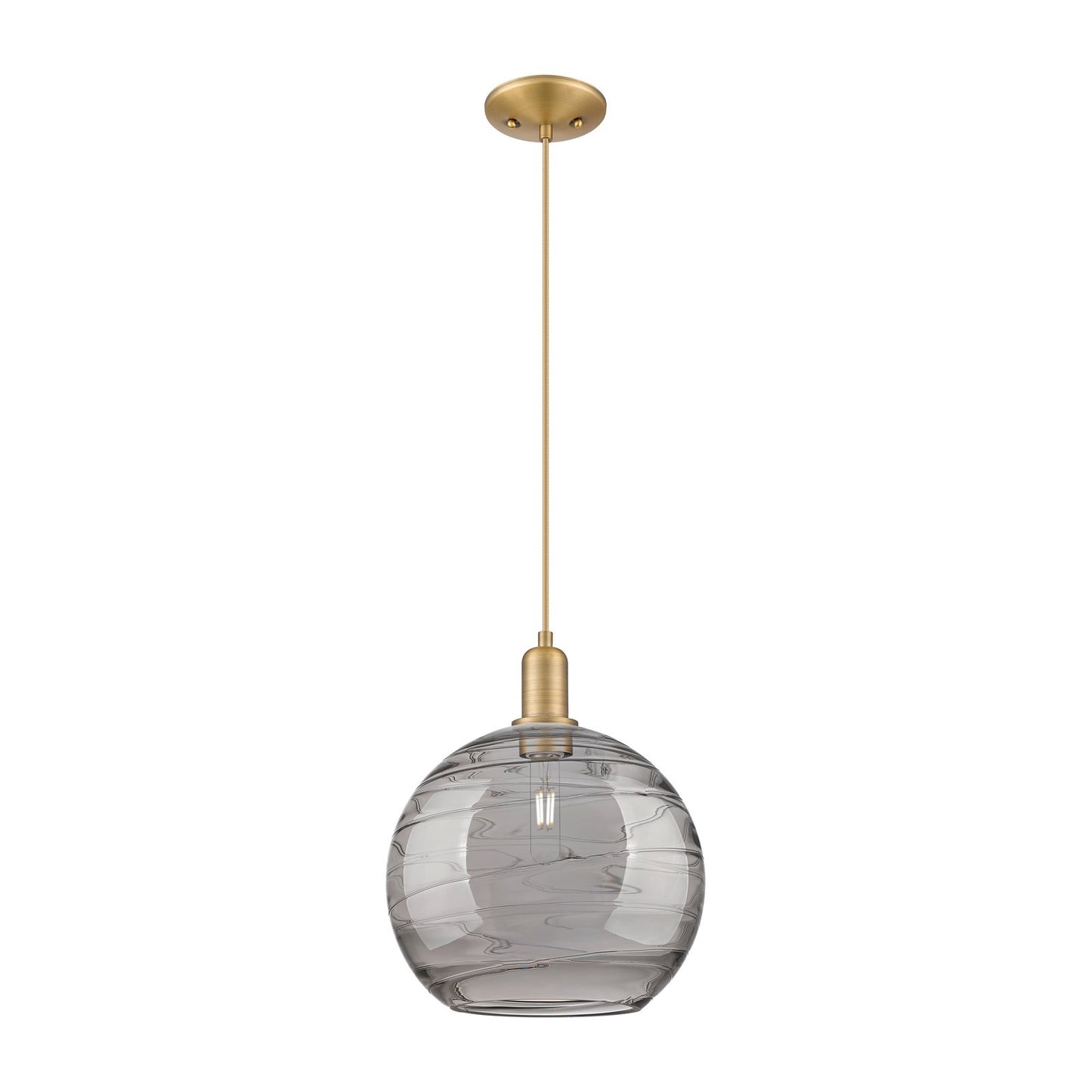 Innovations Athens Deco Swirl 12in 1-Light Mini Pendant | Industrial Brushed Brass and Light Smoke Glass | Kitchen Island & | Model 716-1P-BB-G1213-12SM