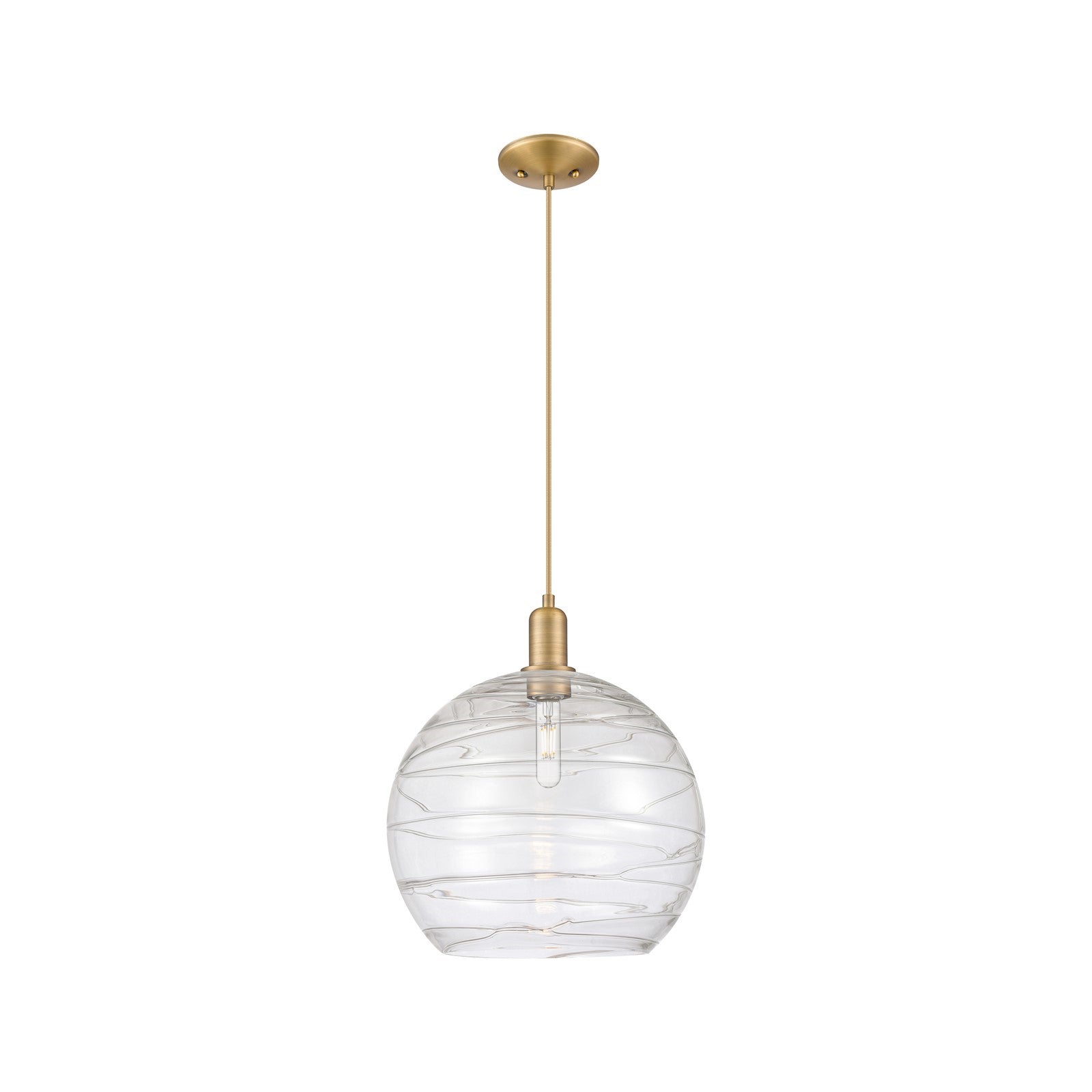 Innovations Athens Deco Swirl 14in 1-Light Mini Pendant | Industrial Brushed Brass and Clear Deco Swirl Glass | Kitchen | Model 716-1P-BB-G1213-14CL