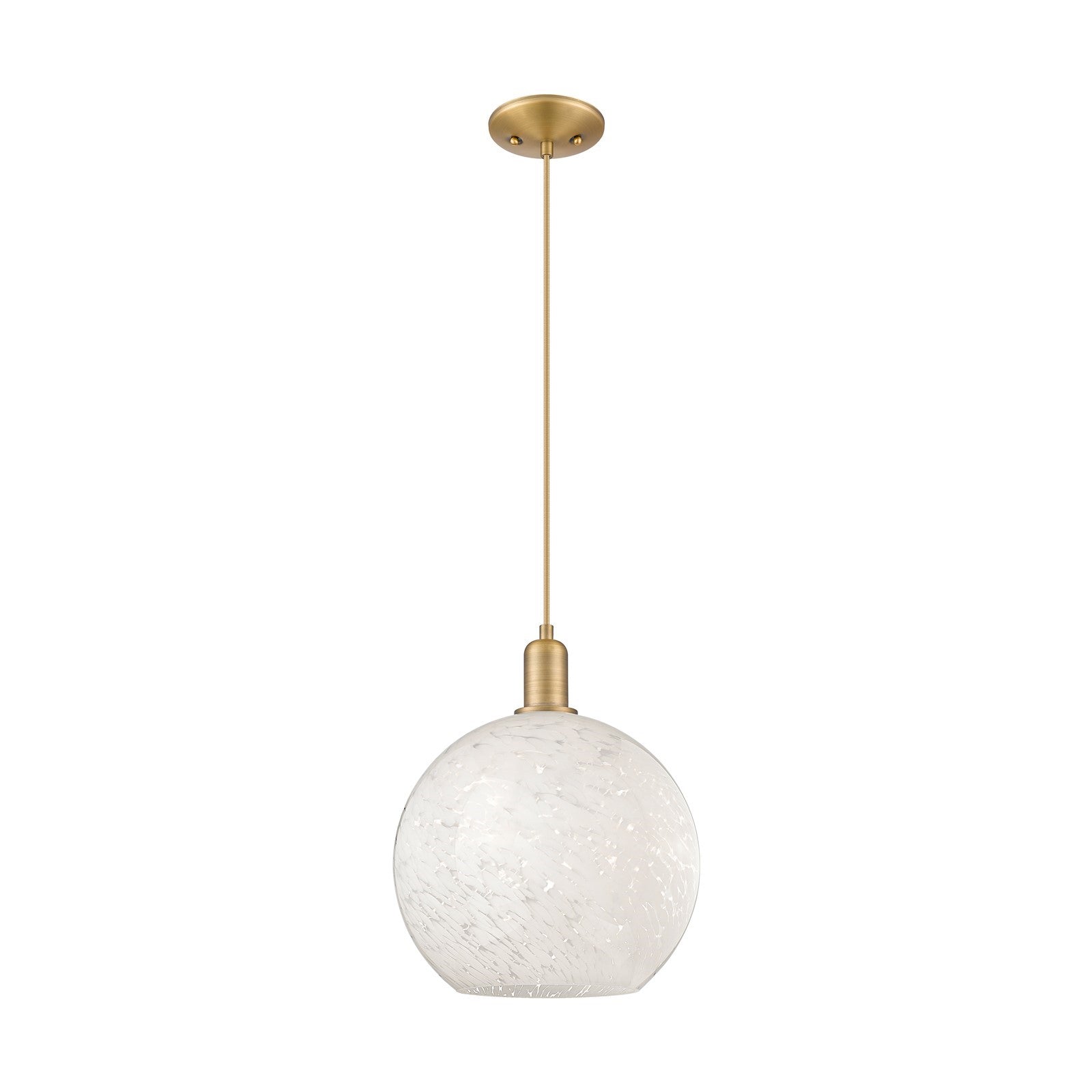 Innovations Lighting White Mouchette 12in 1-Light Mini Pendant | Industrial Brushed Brass and White Mouchette Glass | Kitchen | Model 716-1P-BB-G1216-12WM