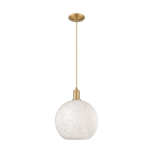 Innovations Lighting White Mouchette 12in 1-Light Mini Pendant | Industrial Brushed Brass and White Mouchette Glass | Kitchen | Model 716-1P-BB-G1216-12WM