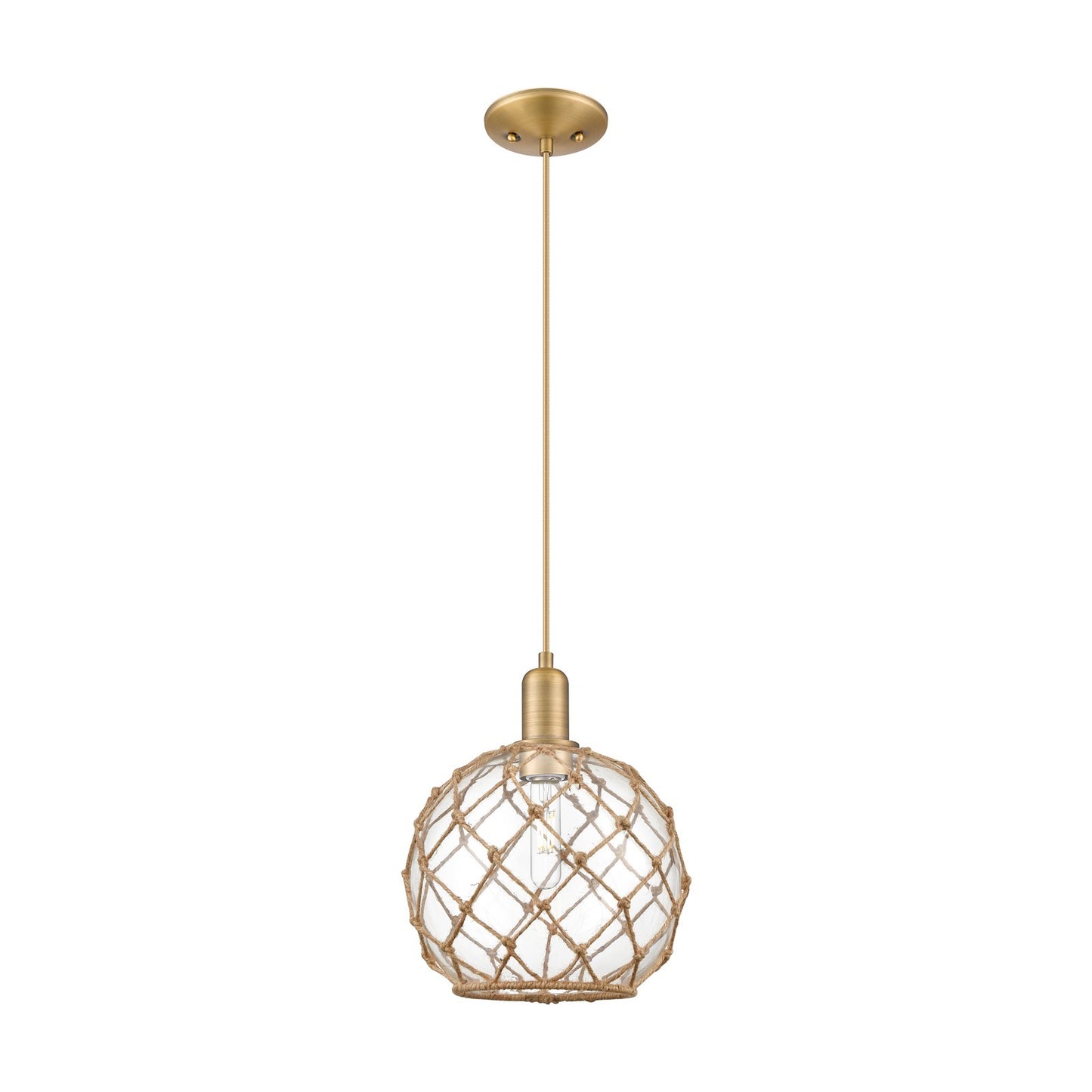 Innovations Farmhouse Rope 10in 1-Light Mini Pendant | Industrial Brushed Brass Steel and Clear Glass with Brown Rope | Model 716-1P-BB-G122-10RB