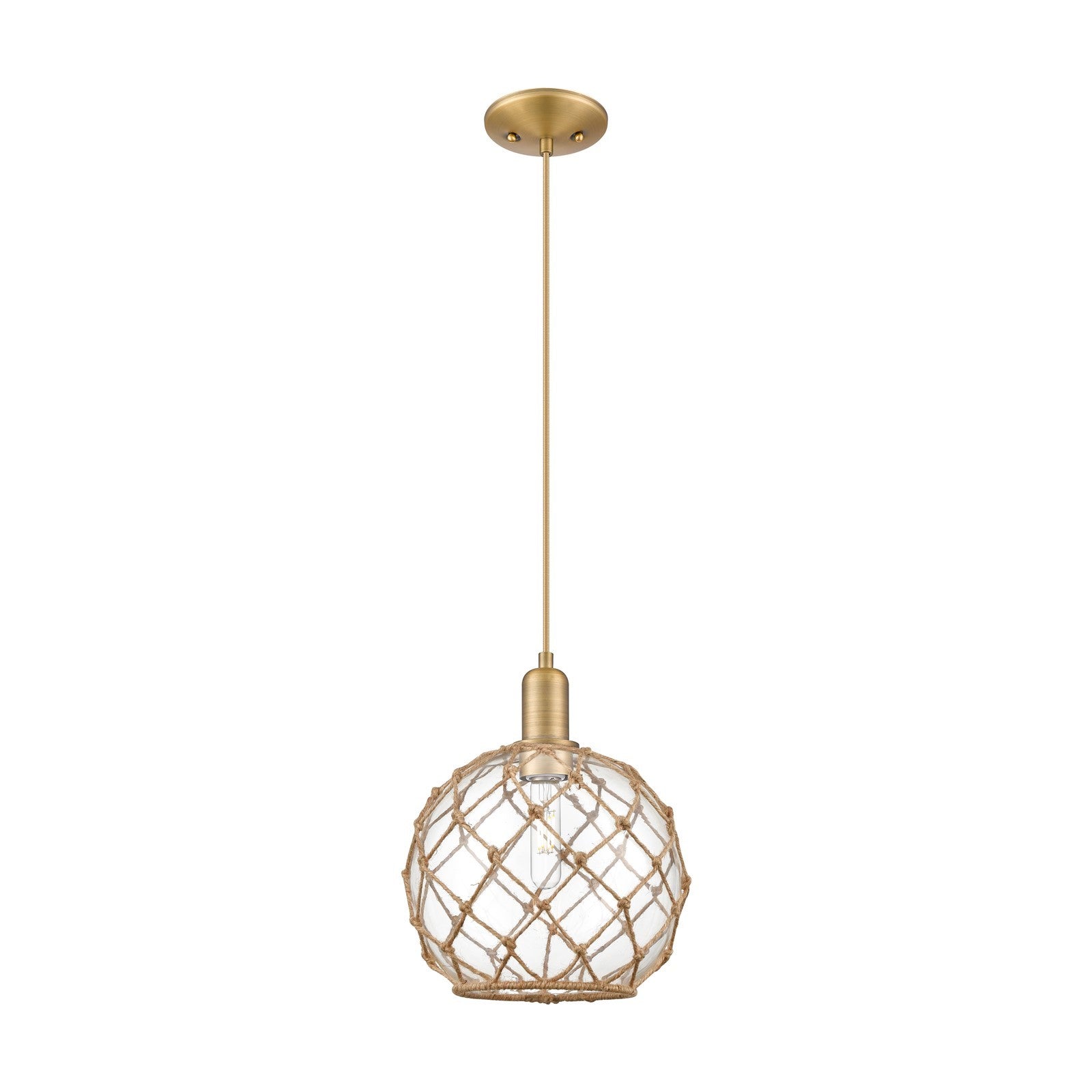Innovations Farmhouse Rope 10in 1-Light Mini Pendant | Industrial Brushed Brass Steel and Clear Glass with Brown Rope | Model 716-1P-BB-G122-10RB