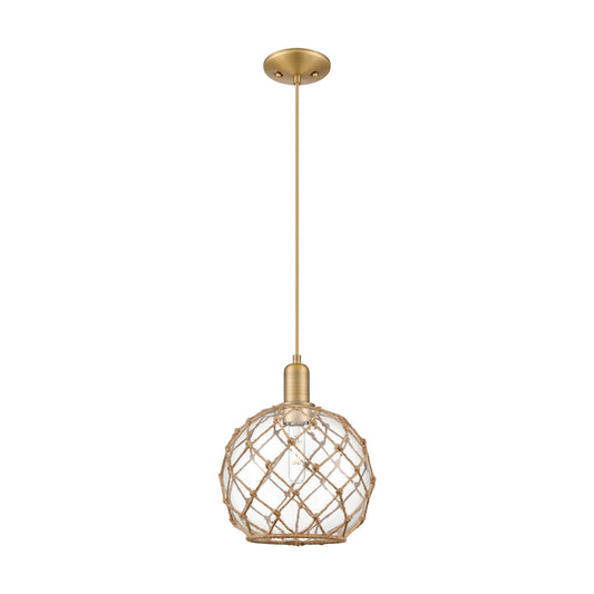 Innovations Farmhouse Rope 10in 1-Light Mini Pendant | Industrial Brushed Brass Steel and Clear Glass with Brown Rope | Model 716-1P-BB-G122-10RB