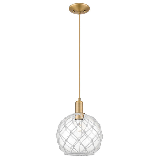 Innovations Farmhouse Rope 10in 1-Light Mini Pendant | Industrial Brushed Brass Steel and Clear Glass with White Rope | Model 716-1P-BB-G122-10RW