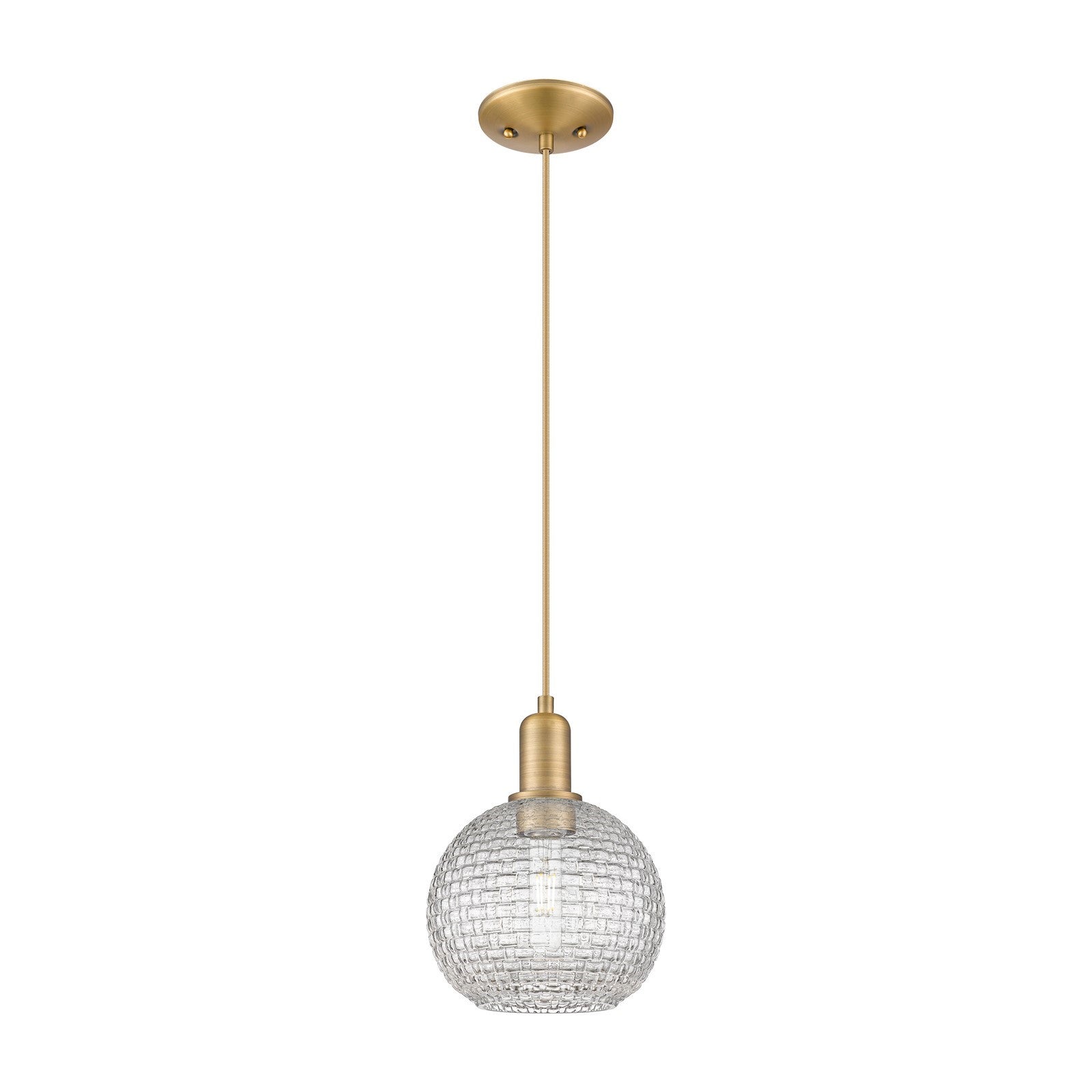 Innovations Athens 8in 1-Light Mini Pendant | Industrial Brushed Brass Steel and Clear Basket Weave Glass | Kitchen Island & | Model 716-1P-BB-G122C-8CL