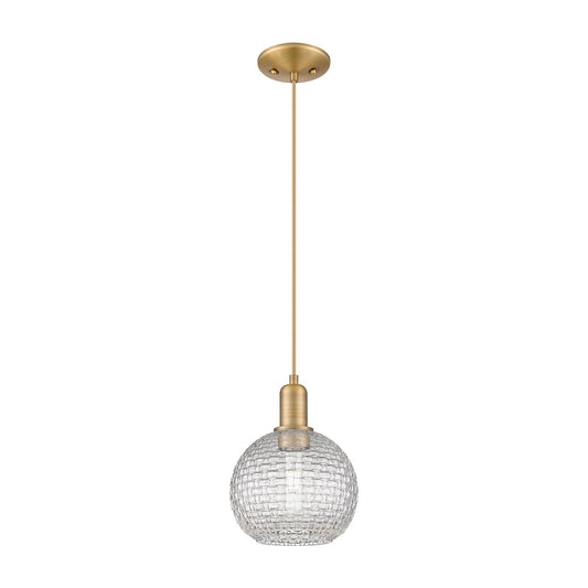 Innovations Athens 8in 1-Light Mini Pendant | Industrial Brushed Brass Steel and Clear Basket Weave Glass | Kitchen Island & | Model 716-1P-BB-G122C-8CL
