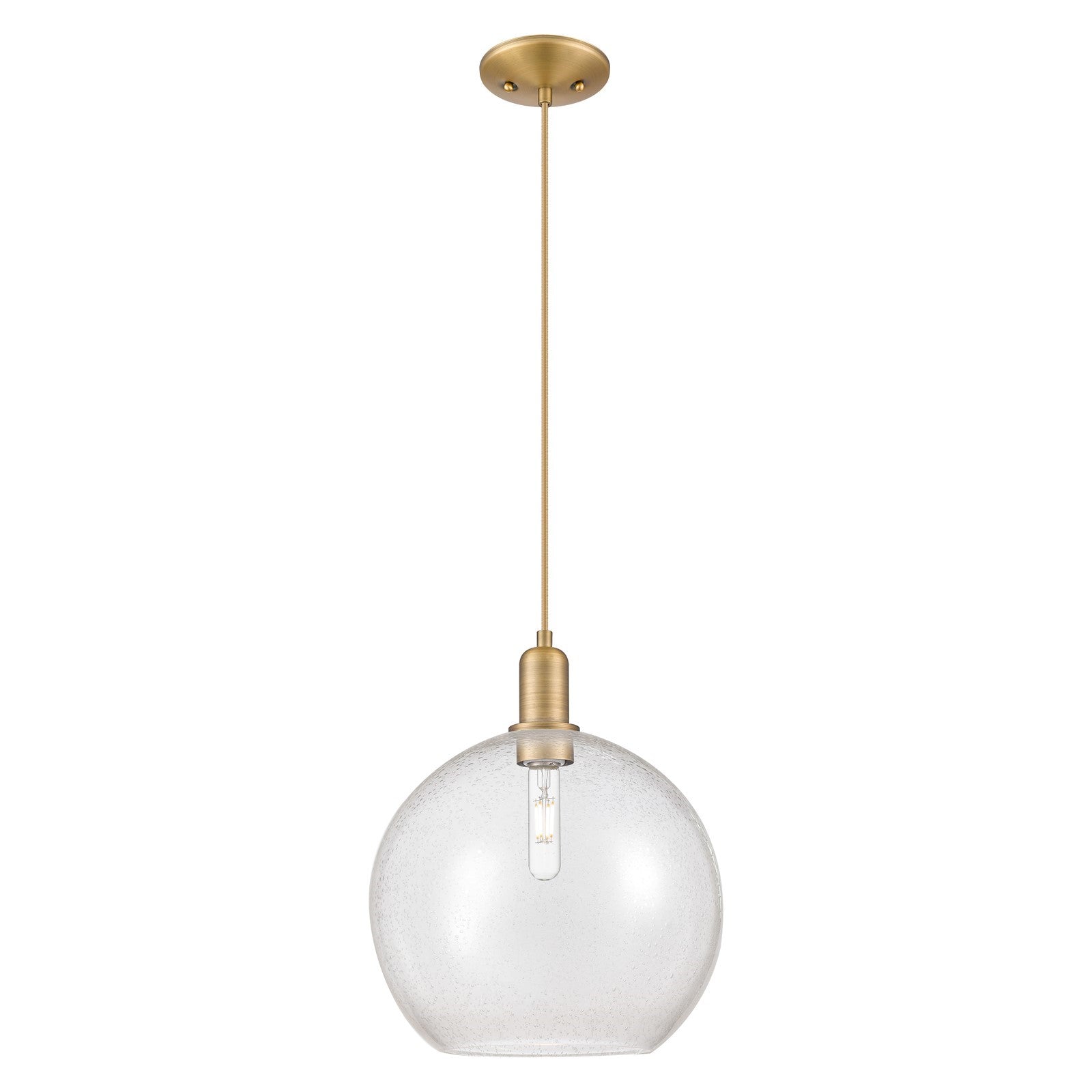 Innovations Athens 12in 1-Light Mini Pendant | Industrial Brushed Brass Steel and Seedy Glass | Kitchen Island & Dining Room | Model 716-1P-BB-G124-12