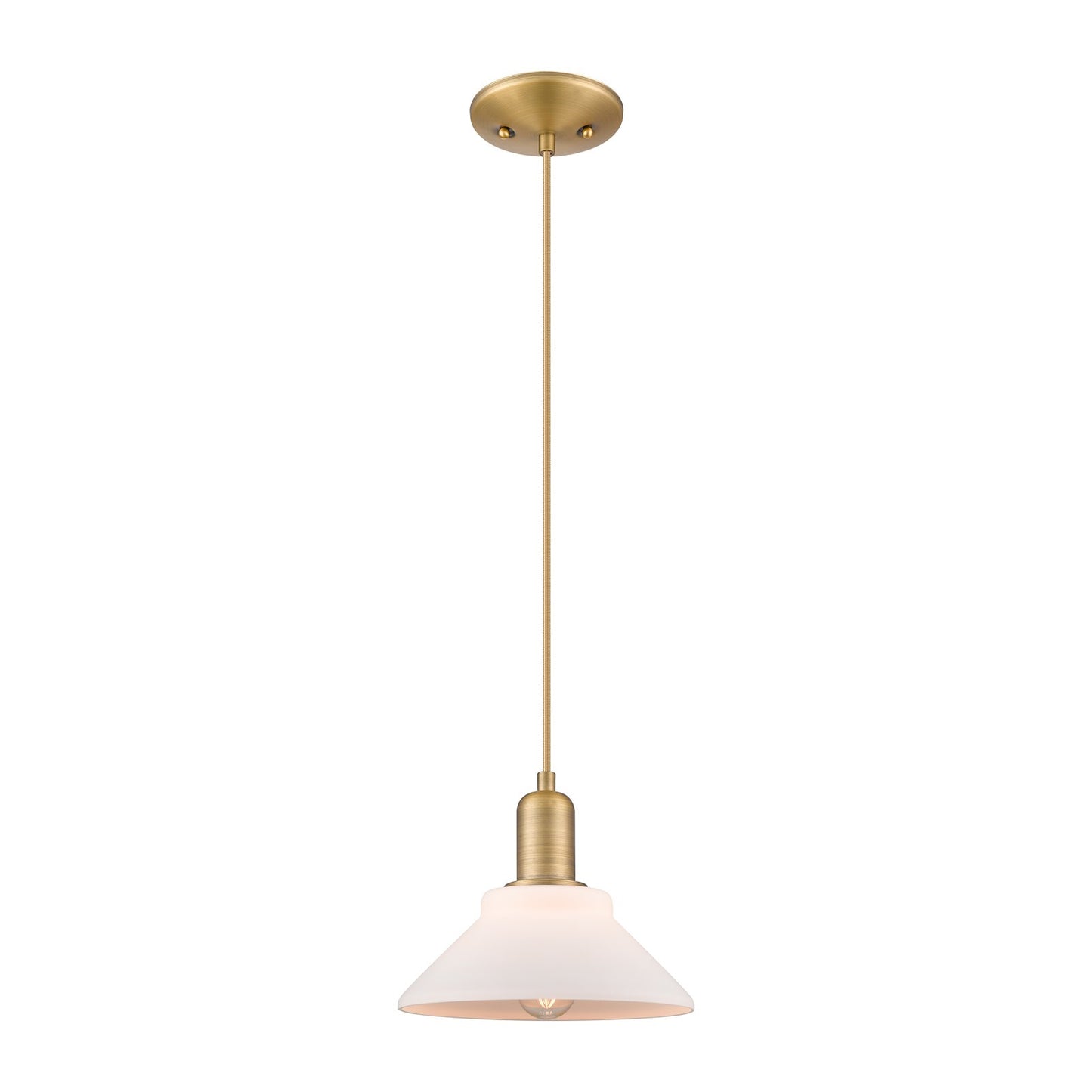Innovations Orwell 8in 1-Light Mini Pendant | Industrial Brushed Brass and Matte White Glass | Kitchen Island & Dining Room | Damp | Model 716-1P-BB-G131