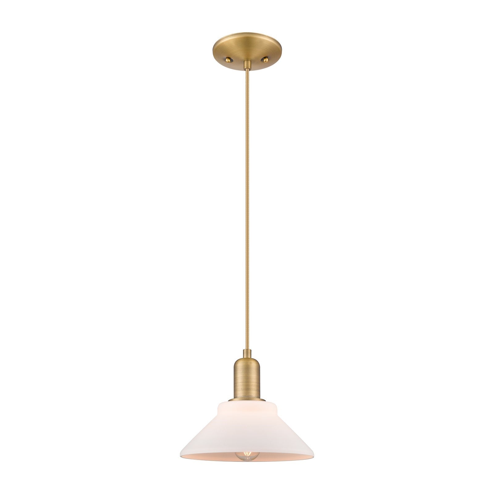 Innovations Orwell 8in 1-Light Mini Pendant | Industrial Brushed Brass and Matte White Glass | Kitchen Island & Dining Room | Damp | Model 716-1P-BB-G131