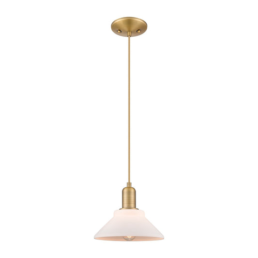 Innovations Orwell 8in 1-Light Mini Pendant | Industrial Brushed Brass and Matte White Glass | Kitchen Island & Dining Room | Damp | Model 716-1P-BB-G131