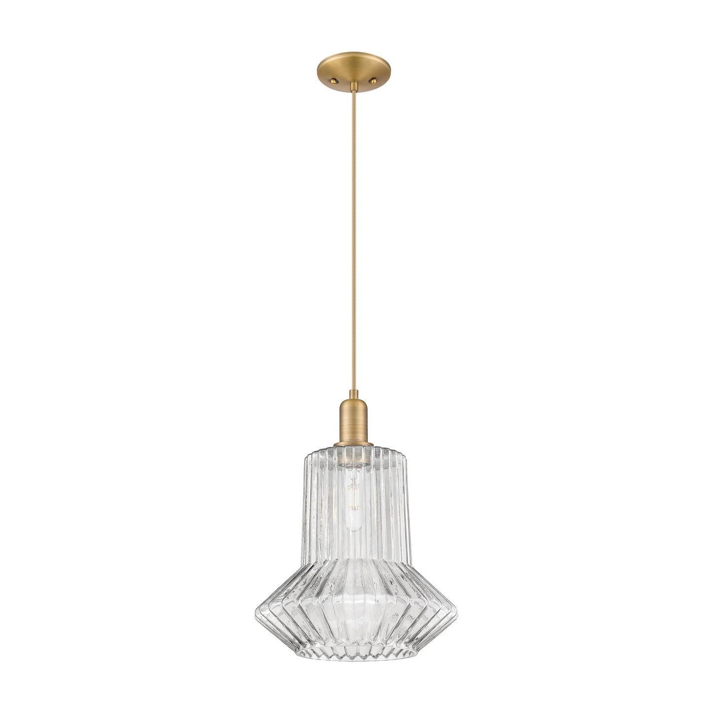 Innovations Springwater 12in 1-Light Mini Pendant | Industrial Brushed Brass Steel and Clear Fluted Glass | Kitchen Island & Dining | Model 716-1P-BB-G212