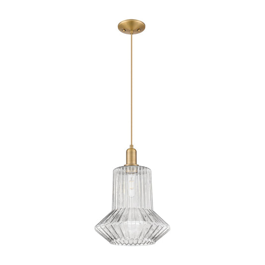 Innovations Springwater 12in 1-Light Mini Pendant | Industrial Brushed Brass Steel and Clear Fluted Glass | Kitchen Island & Dining | Model 716-1P-BB-G212