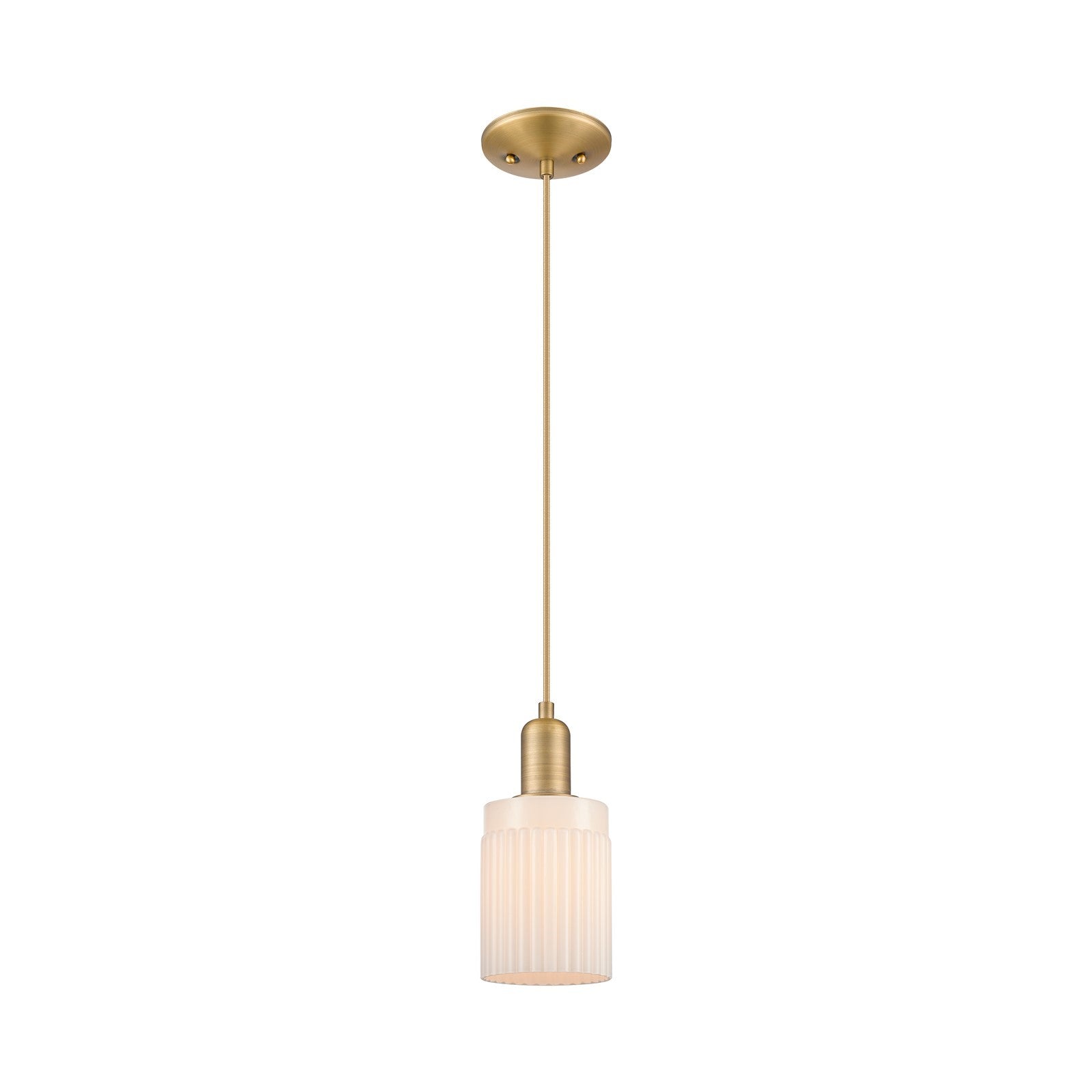 Innovations Hadley 4.5in 1-Light Mini Pendant | Industrial Brushed Brass and Matte White Ribbed Glass | Kitchen Island & Dining | Model 716-1P-BB-G341