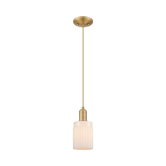 Innovations Hadley 4.5in 1-Light Mini Pendant | Industrial Brushed Brass and Matte White Ribbed Glass | Kitchen Island & Dining | Model 716-1P-BB-G341