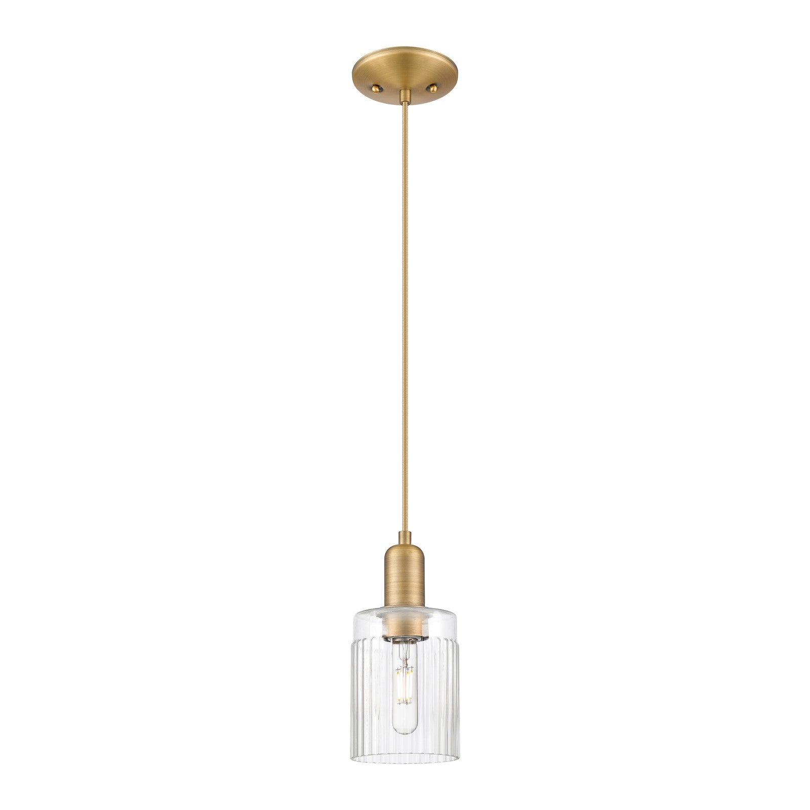 Innovations Hadley 4.5in 1-Light Mini Pendant | Industrial Brushed Brass and Clear Ribbed Glass | Kitchen Island & Dining Room | Model 716-1P-BB-G342