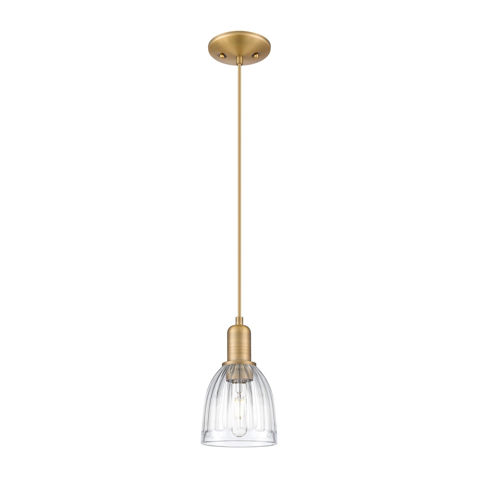 Innovations Brookfield 6in 1-Light Mini Pendant | Industrial Brushed Brass and Clear Ribbed Glass | Kitchen Island & Dining Room | Model 716-1P-BB-G442