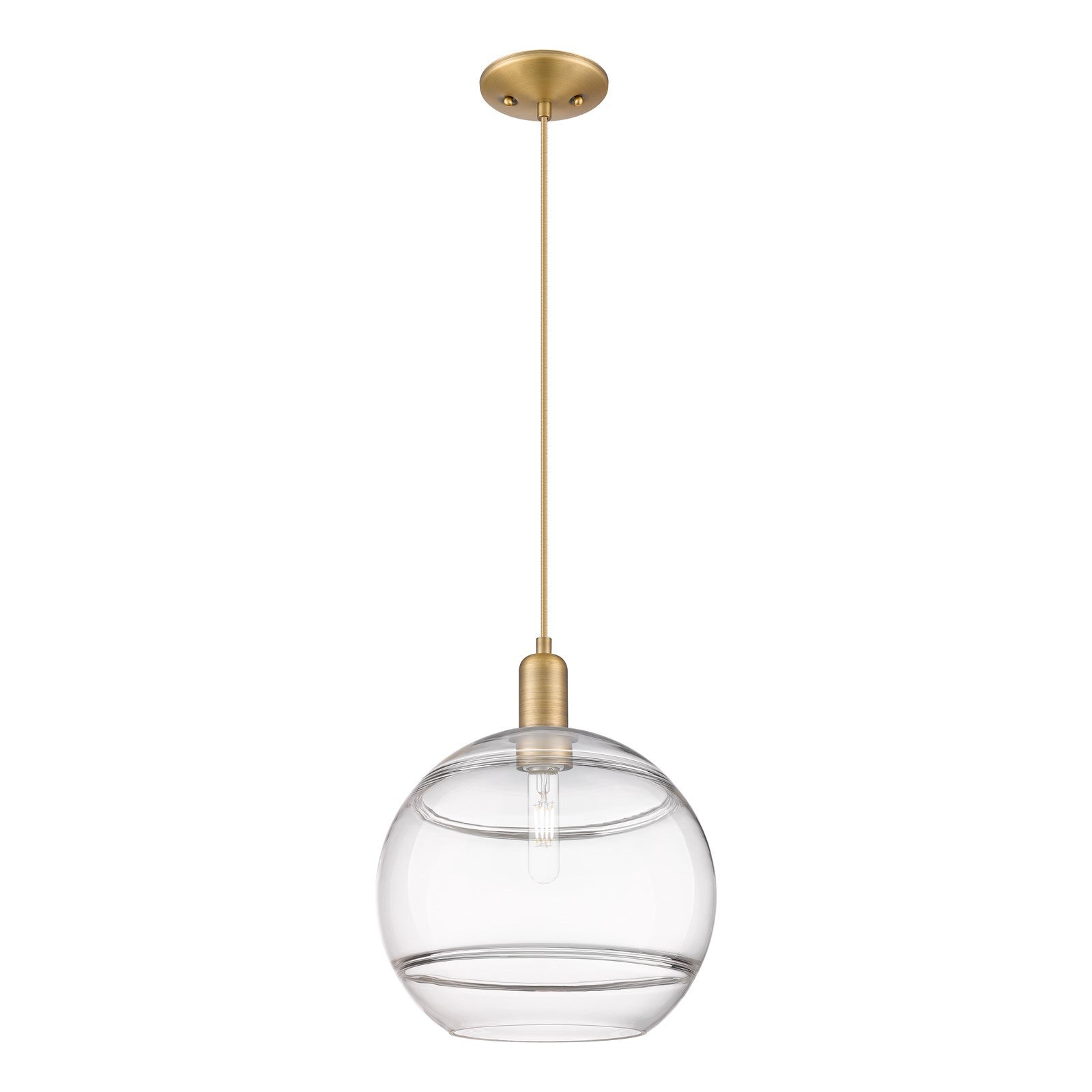 Innovations Rochester 12in 1-Light Mini Pendant | Industrial Brushed Brass Steel and Clear Glass | Kitchen Island & Dining | Model 716-1P-BB-G556-12CL