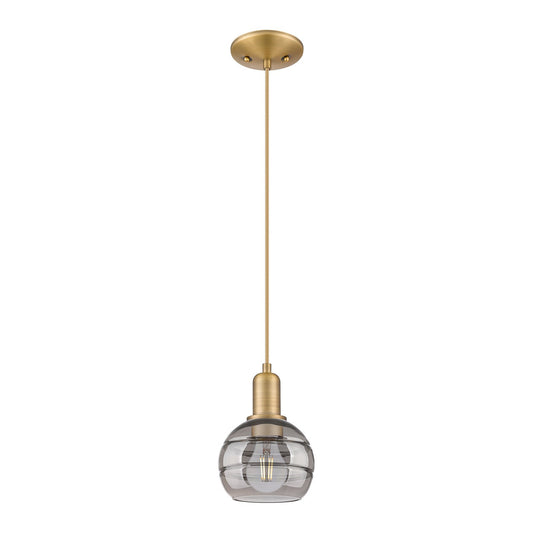 Innovations Rochester 6in 1-Light Mini Pendant | Industrial Brushed Brass and Light Smoke Glass | Kitchen Island & Dining Room | Model 716-1P-BB-G556-6SM