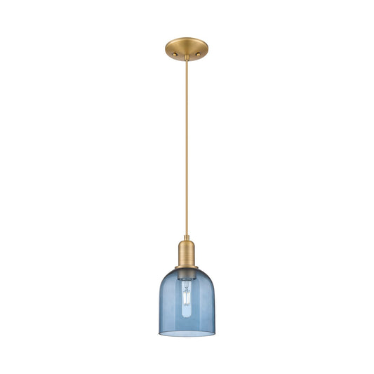 Innovations Bella 6in 1-Light Mini Pendant | Industrial Brushed Brass Steel and Blue Glass | Kitchen Island & Dining Room | 5.5 | Model 716-1P-BB-G558-6BL