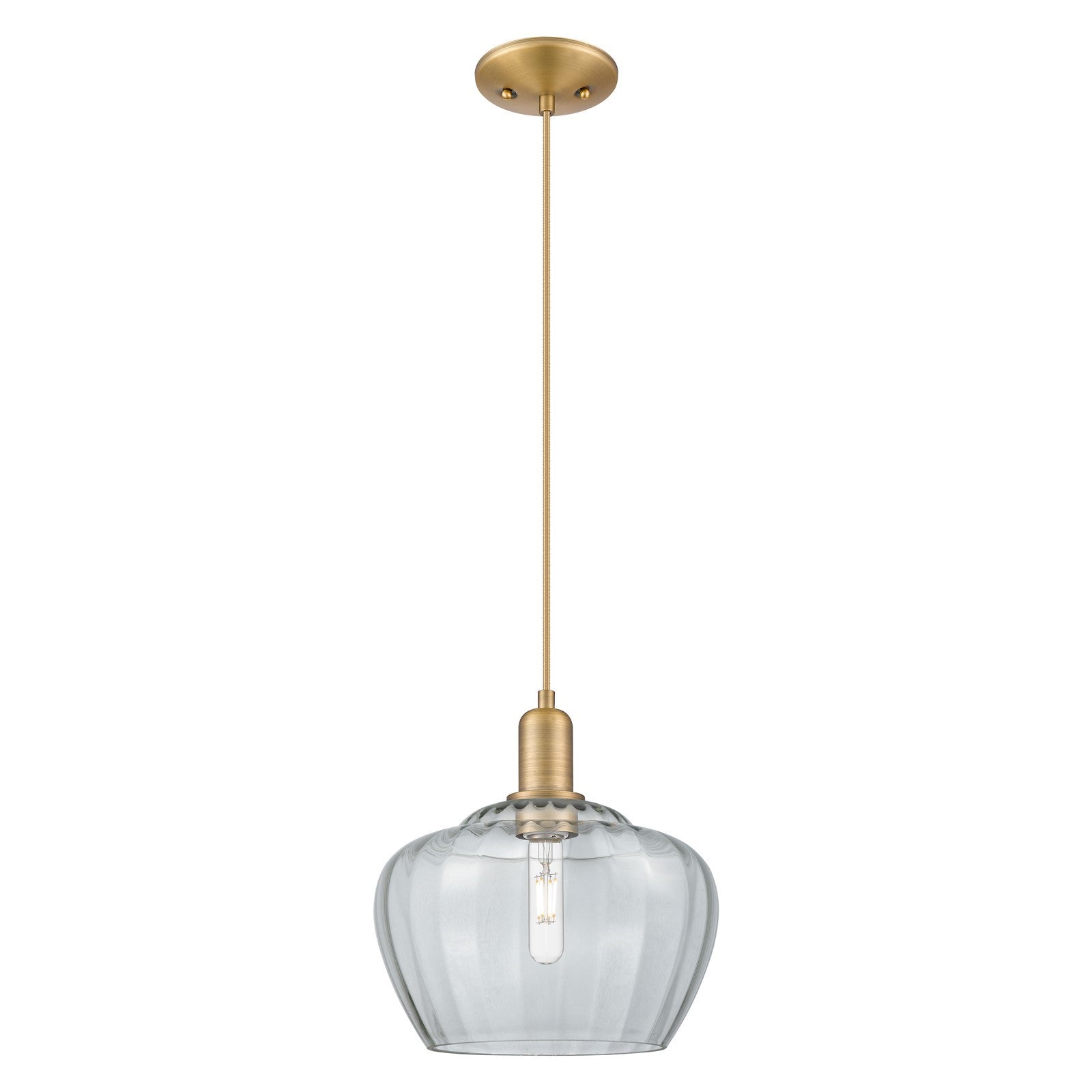 Innovations Fenton 11in 1-Light Mini Pendant | Industrial Brushed Brass Steel and Clear Ribbed Glass | Kitchen Island & Dining | Model 716-1P-BB-G92-L