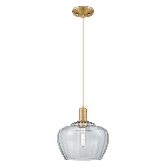 Innovations Fenton 11in 1-Light Mini Pendant | Industrial Brushed Brass Steel and Clear Ribbed Glass | Kitchen Island & Dining | Model 716-1P-BB-G92-L