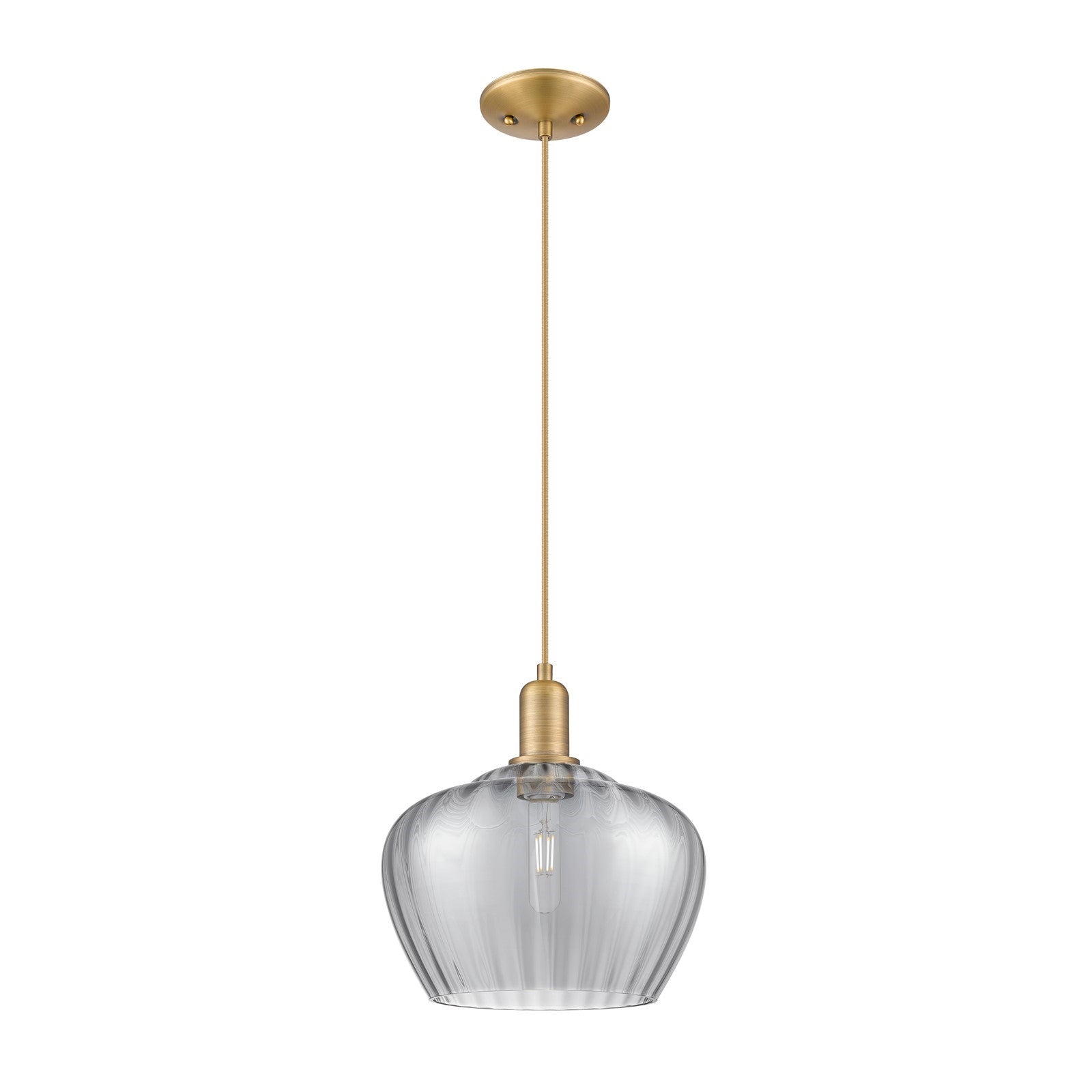 Innovations Fenton 11in 1-Light Mini Pendant | Industrial Brushed Brass and Light Smoke Ribbed Glass | Kitchen Island & Dining | Model 716-1P-BB-G93-L