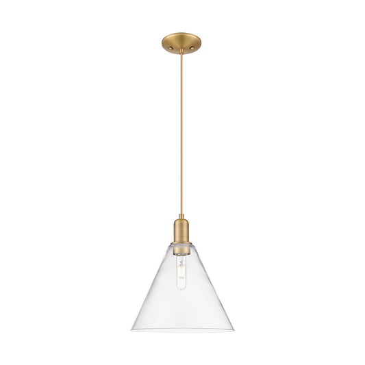 Innovations Berkshire Glass 12in 1-Light Mini Pendant | Industrial Brushed Brass Steel and Clear Cone Glass | Kitchen Island & | Model 716-1P-BB-GBC-122