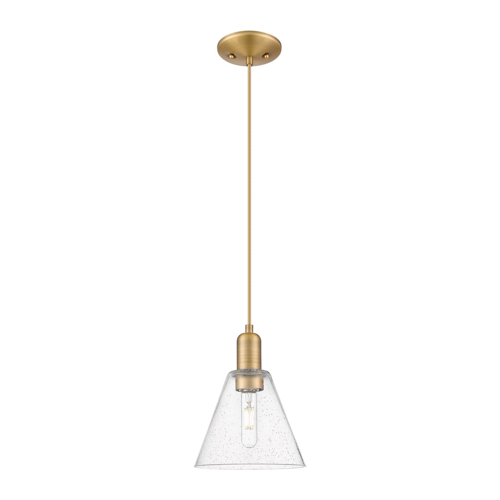 Innovations Berkshire Glass 8in 1-Light Mini Pendant | Industrial Brushed Brass and Seedy Glass | Kitchen Island & Dining Room | Model 716-1P-BB-GBC-84