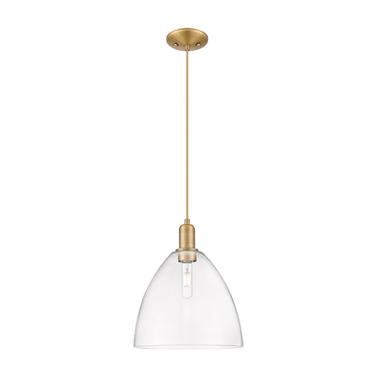 Innovations Bristol 12in 1-Light Mini Pendant | Industrial Brushed Brass Steel and Clear Glass | Kitchen Island & Dining Room | Model 716-1P-BB-GBD-122