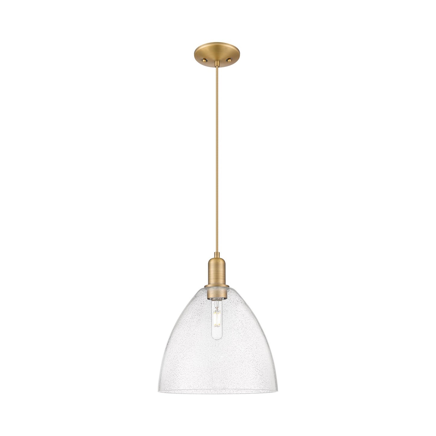 Innovations Bristol 12in 1-Light Mini Pendant | Industrial Brushed Brass Steel and Seedy Glass | Kitchen Island & Dining Room | Model 716-1P-BB-GBD-124